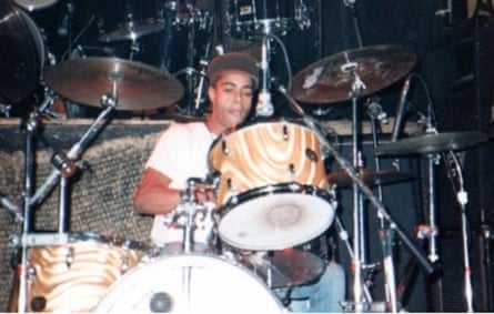 Dougher playing drums with ska band the Boilers at CBGBs, New York, 1985