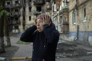 News, highly commended - Halyna, a resident of Irpin, explaining in May 2022 how she hid in a cellar during the Russian invasion of Ukraine. She and her neighbours are still living in their destroyed apartment block which has no electricity or roof