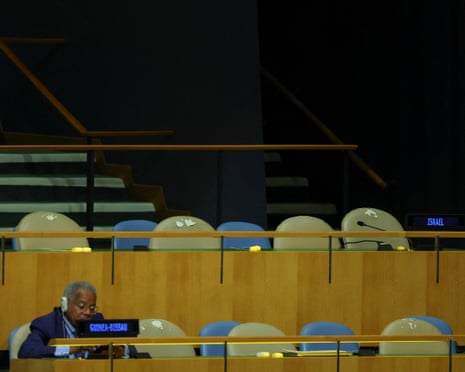 The seats of the Israeli delegation as Iran's President Masoud Pezeshkian addresses the 81st United Nations General Assembly in New York.