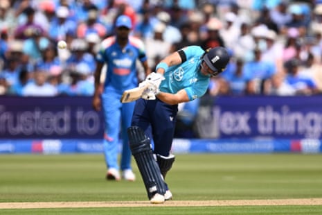 Jacob Bethell of England hits the ball over the boundary for six.
