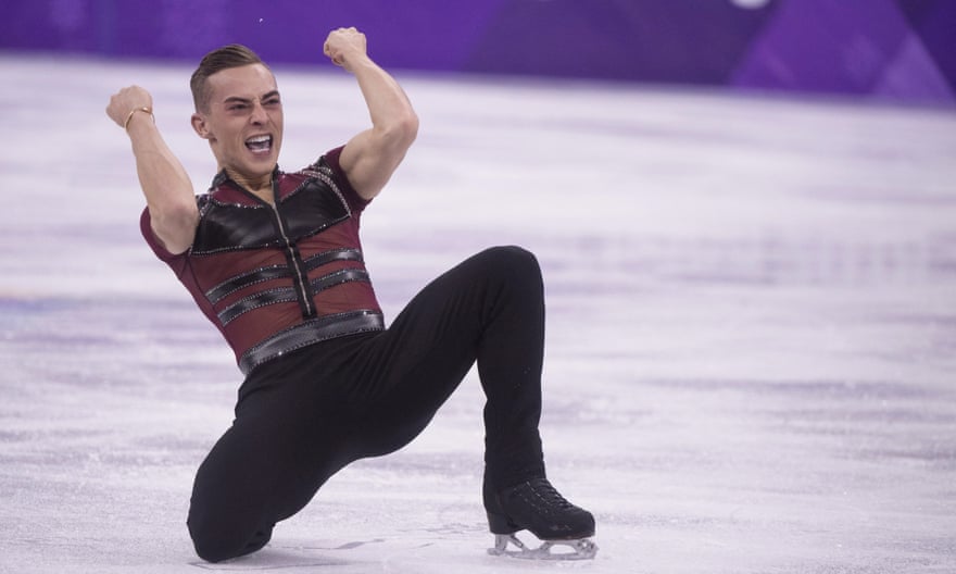 Rippon celebrates at the end of his program in the men’s figure skating short program at PyeongChang.