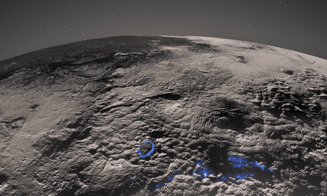 Perspective view of Pluto’s icy volcanic region.