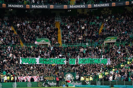 Celtic fans unveil a banner protesting against the board during the 0-0 draw with Hibernian