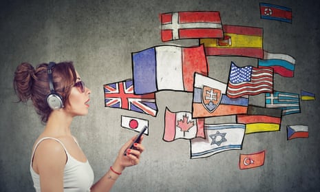 Young woman in headphones with smartphone and flags