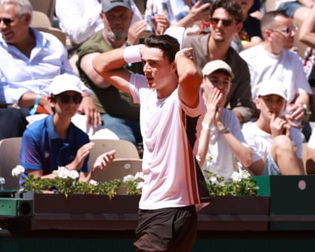 Adam Walton celebrates after beating Daniil Medvedev in the first round of the 2026 French Open