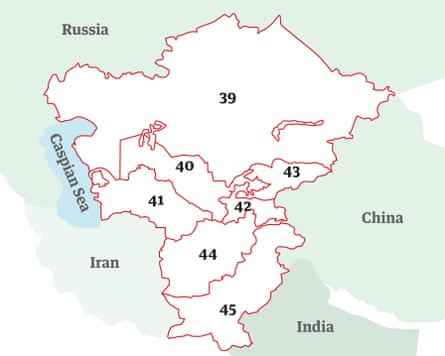 A map of Asia with numbers showing where the ‘stan’ countries are