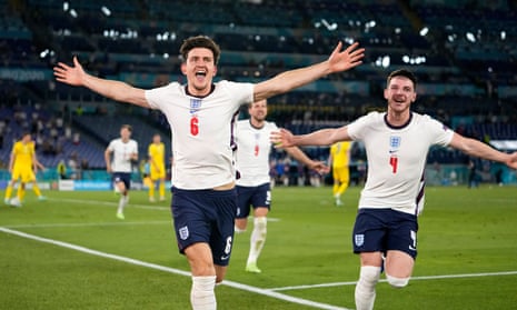 Harry Maguire of England celebrates with Declan Rice after scoring their side’s second goal.