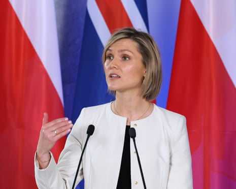 Iceland’s prime minister Kristrún Frostadóttir addresses a joint press conference in Warsaw, Poland.