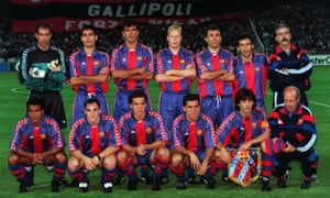 Pep Guardiola, back row, second left, and Ronald Koeman, back row, fourth left, line up for a team photo with Barcelona in the 1994 Champions League final
