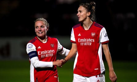 Arsenal’s Kim Little (left) and Vivianne Miedema (right) celebrate the latter’s goal against Hoffenheim.