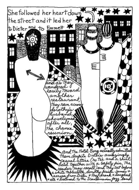 One of the 48 ink drawings of Dorothy Iannone’s An Icelandic Saga, 1978-86, describing a 1967 trip from New York to Reykjavik, where she fell in love with the artist Dieter Roth.
