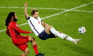 Harry Kane attempts the spectacular during England’s 2-0 defeat by Belgium.