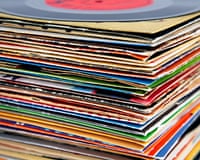 Close up of a pile of old vinyl records