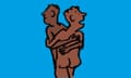 Illustration of two naked men in an embrace while listening out for anyone coming to the front door