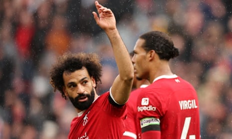 Mohamed Salah of Liverpool celebrates after scoring against Everton