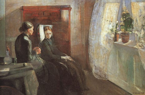 A painting depicting a tired woman resting in a chair, and a woman sitting next to her. They are positioned near a window, with the sun filtering through the curtains.