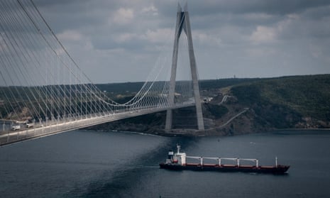 First Vessel Carrying Ukrainian Grain Arrives In IstanbulISTANBUL, TURKEY - AUGUST 03: The Sierra Leone-flagged cargo ship Razoni transits the Bosphorus passing under the Yavuz Sultan Selim Bridge after being inspected by representatives from Turkey, Russia, Ukraine and the United Nations after leaving the port of Odessa with the first grain shipment for export since the start of the Ukraine war on August 03, 2022 in Istanbul, Turkey. The Razoni is the first ship to export Ukrainian grain since the start of the war and a safe passage deal was signed between Ukraine and Russia on 22 July, 2022. The ship is bound for Tripoli, Lebanon carrying 26,000 tons of corn. (Photo by Chris McGrath/Getty Images)