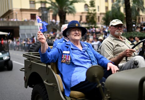Veterans and serving members march in Brisbane today.