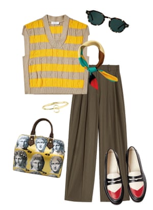 A yellow and beige striped tank top paired with silk scarf