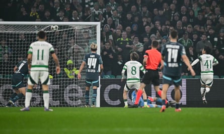 Reo Hatate (far right) watches as his effort flies into the net for Celtic’s third goal.