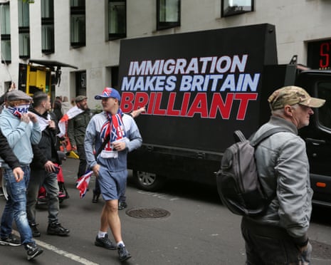 A van showing the message ‘immigration makes Britain brilliant' at a ‘Unite the Kingdom’ rally, London, 16 May 2026.
