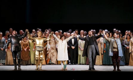 Russian soprano Anna Netrebko and the cast acknowledge applause at the end of the Verdi’s Joan of Arc, opening the 2015-16 opera season at Milan’s La Scala.