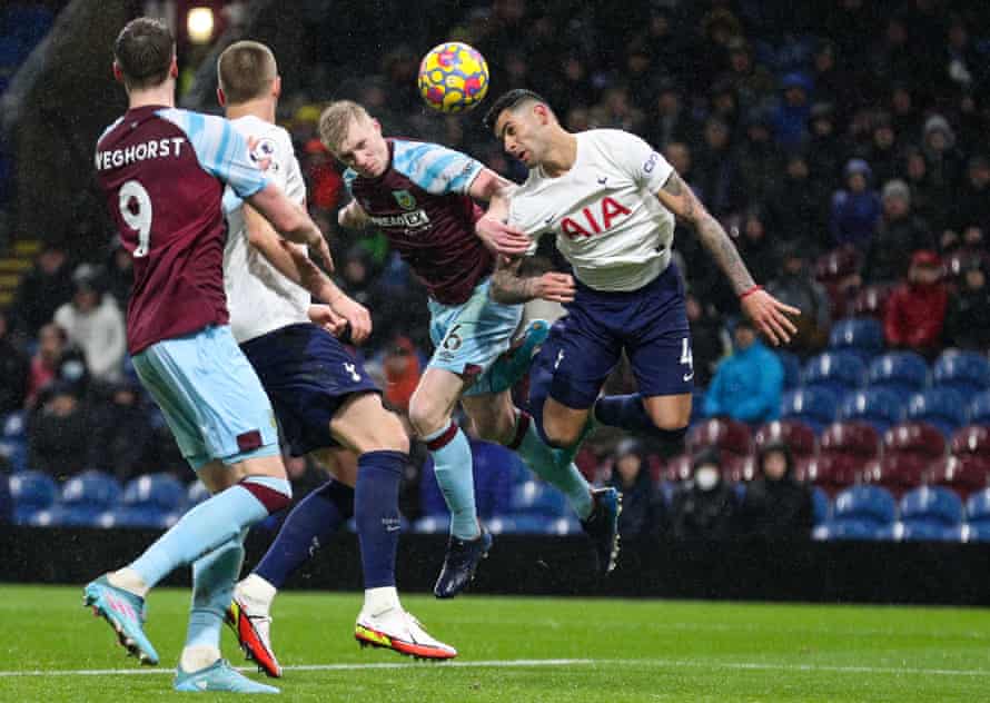 Ben Mee (second from right) scores the goal that sent Tottenham to defeat at Burnley in February.