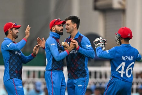 Ibrahim Zadran celebrates another wicket for Afghanistan.