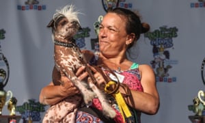  A woman holds her dog during the Worlds Ugliest Dog Contest 2015 at the Sonoma-Marin Fair in Petaluma, California.