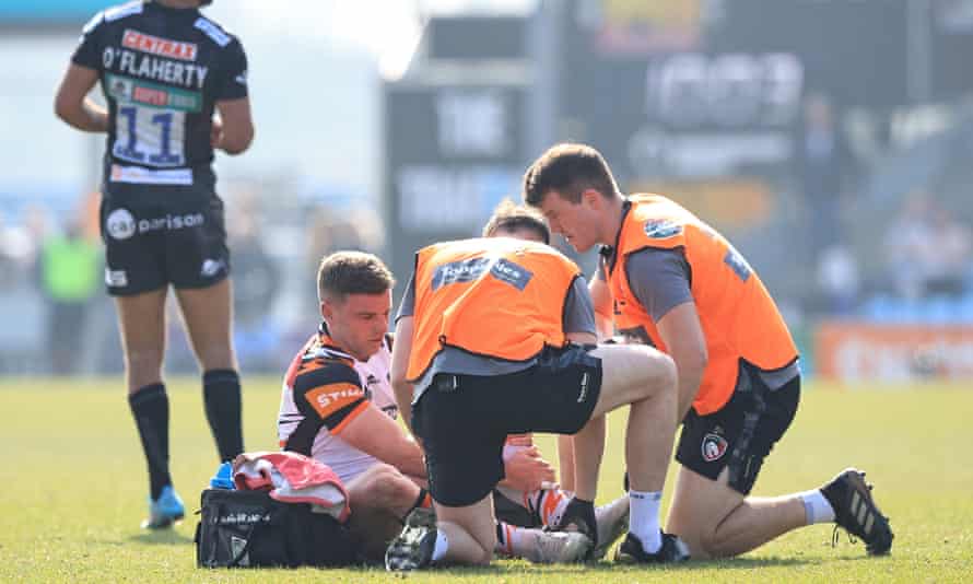 Ashton equals record as Leicester make playoffs with victory at Exeter | Premiership 1 Leicester’s George Ford receives treatment for an ankle injury. He was to leave the game in the first half.