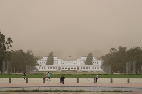 A dust storm obscures Mount Ainslie shot from Parliament House forecourt this evening
