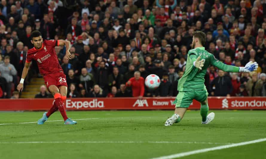 Luis Díaz scores Liverpool’s first goal after only five minutes of the match at Anfield.