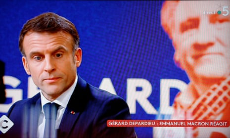 A still from French TV channel France 5 as Emmanuel Macron speaks about French actor Gerard Depardieu, 20 December 2023.