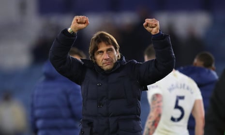 Antonio Conte celebrates after Tottenham’s dramatic 3-2 win at Leicester