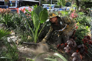 Gardener working at Avenida Oriental in Medellín