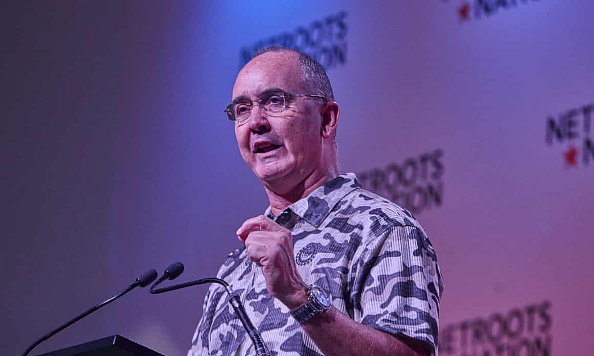 Shawn Fain, president of the United Auto Workers union, speaks at an event in Baltimore, Maryland, on 12 July 2024.