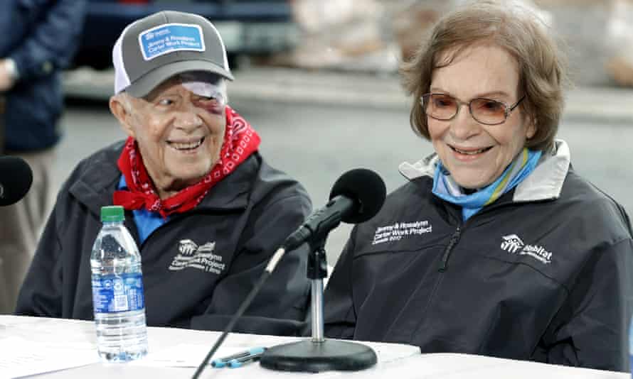 Jimmy Carter and Rosalynn Carter answer questions at a Habitat for Humanity project, in October last year.