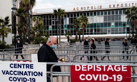 People arriving at a Covid-19 vaccination centre in Nice, during the second lockdown weekend implemented to curb the spread.
