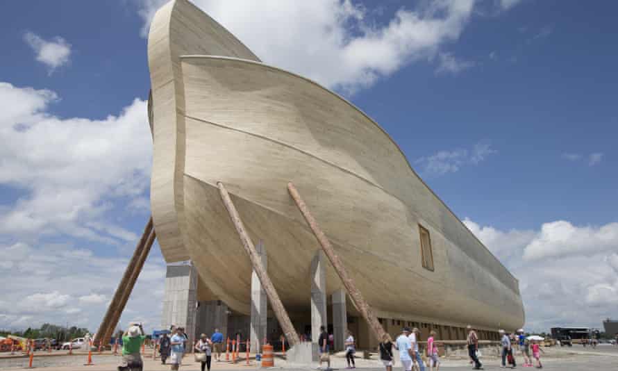 Visitors pass outside the front of a replica Noah’s Ark at the Ark Encounter theme park during a media preview day, Tuesday, July 5, 2016, in Williamstown, Ky. The long-awaited theme park based on the story of a man who got a warning from God about a worldwide flood will debut in central Kentucky this Thursday. The Christian group behind the 510 foot-long wooden ark says it will demonstrate that the stories of the Bible are true. Its construction has rankled opponents who say the attraction will be detrimental to science education. (AP Photo/John Minchillo)