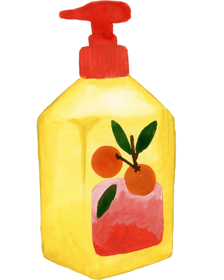 An illustration of a yellow detergent bottle with a red lid