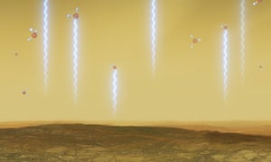 An artist’s illustration of the surface of Venus with molecules of phosphine