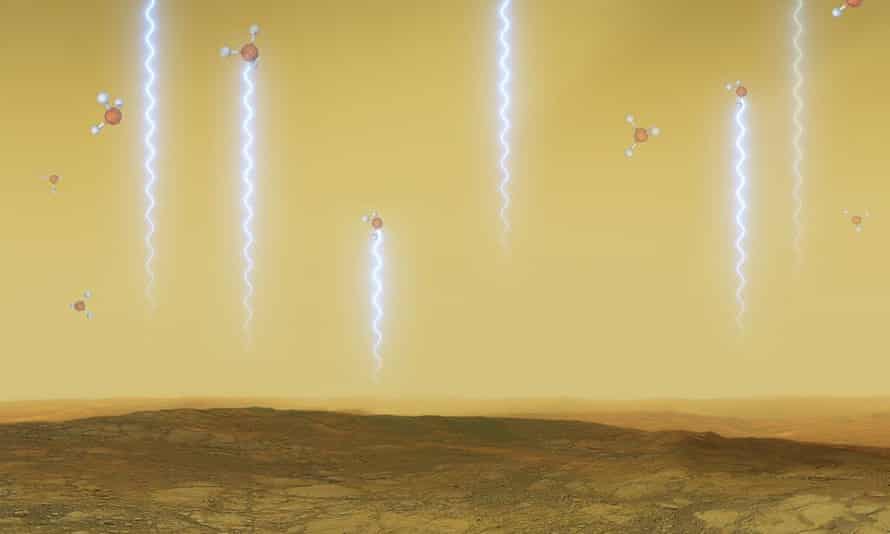 An artist’s illustration of the surface of Venus with molecules of phosphine