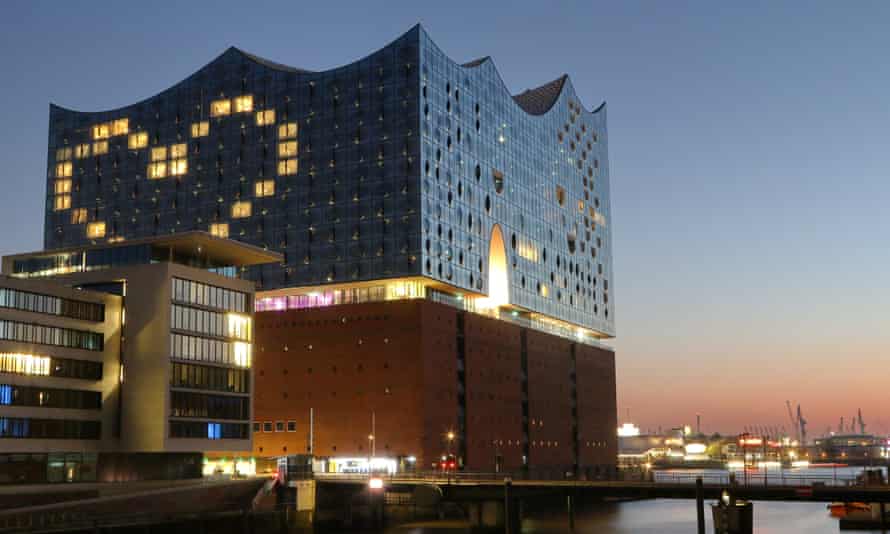 Heart-shaped illuminated windows in The Westin Hotel, part of the Elbphilharmonie, in March 2020.