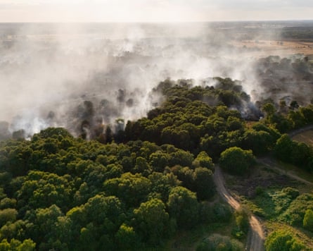 Smoke rising from a forested area of Dunwich Heath
