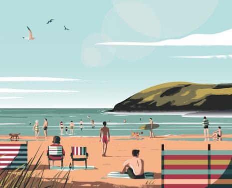 Illustration by Harry Milburn of people on a beach