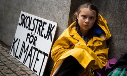 The climate activist Greta Thunberg leads a school strike outside of the Swedish Parliament in 2018.
