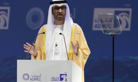 Sultan Al Jaber speaking at the Abu Dhabi International Petroleum Exhibition &amp; Conference in October.