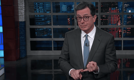 ‘Do we really want to elect another billionaire TV star? Granted, this one is actually a billionaire, actually a TV star,’ said Stephen Colbert.