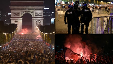 Riot police fire teargas at unruly France fans celebrating World Cup final place – video 