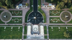 An aerial view of the Peterhof Grand Cascade and the Samson Fountain at the Peterhof State Museum-Reserve